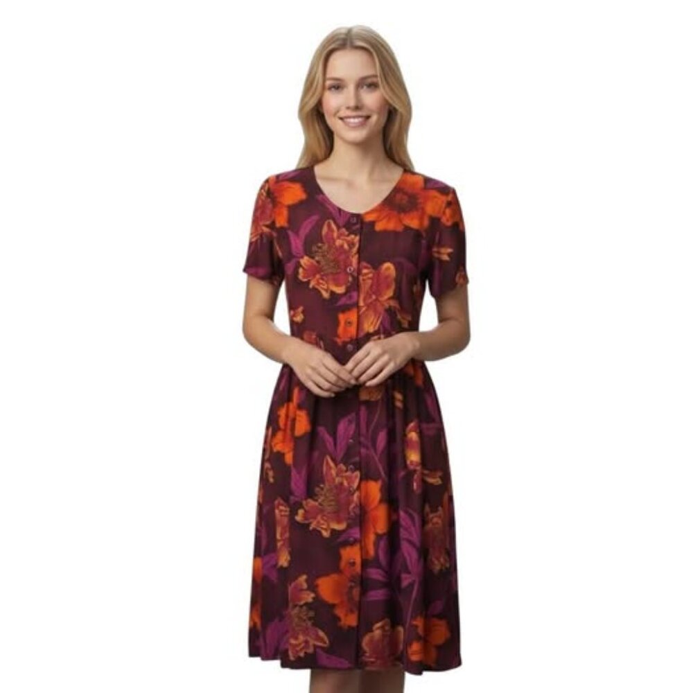 Vtg 90s Big Floral Loud Short Sleeve A Line Dress. SZ 14 Petite. Tie Back. Color